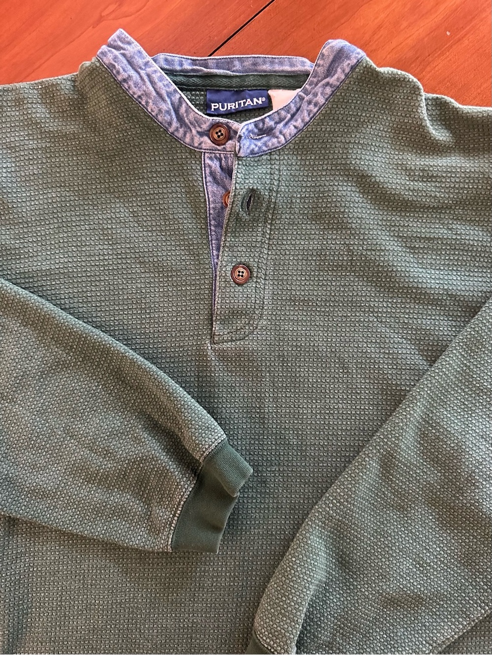 Vintage 90s Puritan Heavyweight Waffle Knit Henley Sweatshirt Green Denim Trim L